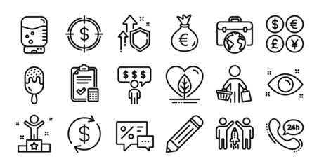 Fototapeta premium Accounting checklist, 24h service and Winner line icons set. Secure shield and Money currency exchange. Health eye, Local grown and Usd exchange icons. Vector