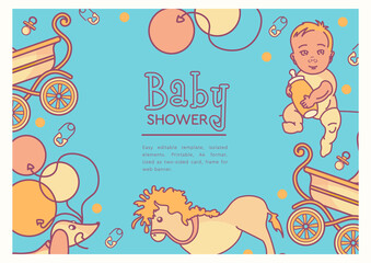 Baby shower editable template with copy space, frame for text or quote. Printable, Used as card, frame for web banner.