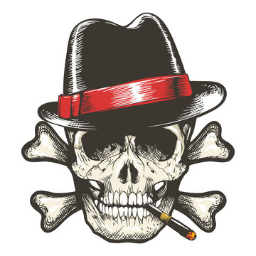 Skull in Gangster Hat Smoking Cigar Tattoo