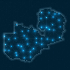 Zambia network map. Abstract geometric map of the country. Digital connections and telecommunication design. Glowing internet network. Astonishing vector illustration.