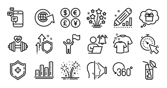 Gift dream, Edit statistics and Medical shield line icons set. Secure shield and Money currency exchange. Water glass, Clean t-shirt and Fireworks icons. Vector