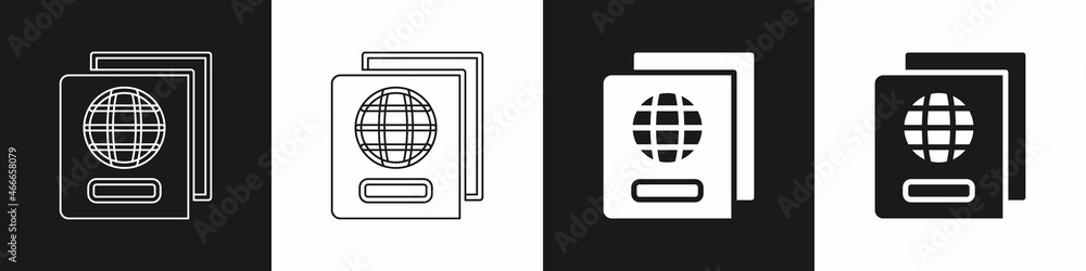 Poster set passport with biometric data icon isolated on black and white background. identification documen