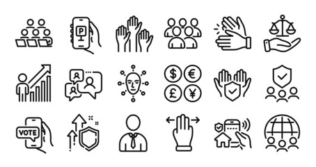 Insurance hand, Face biometrics and Online voting line icons set. Secure shield and Money currency exchange. Parking app, Multitasking gesture and Group icons. Vector