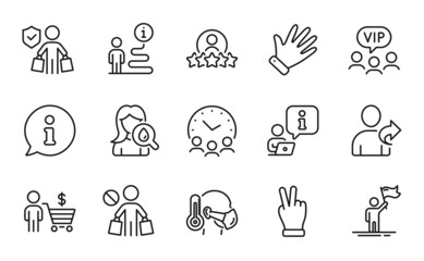 People icons set. Included icon as Leadership, Vip clients, Meeting time signs. Buyer, Sick man, Victory hand symbols. Buyer insurance, Refer friend, Human rating. Moisturizing cream, Hand. Vector