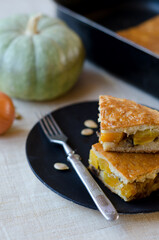 slices of pumpkin pie and meat on a plate