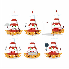 Cartoon character of red confetti trumpet with various chef emoticons