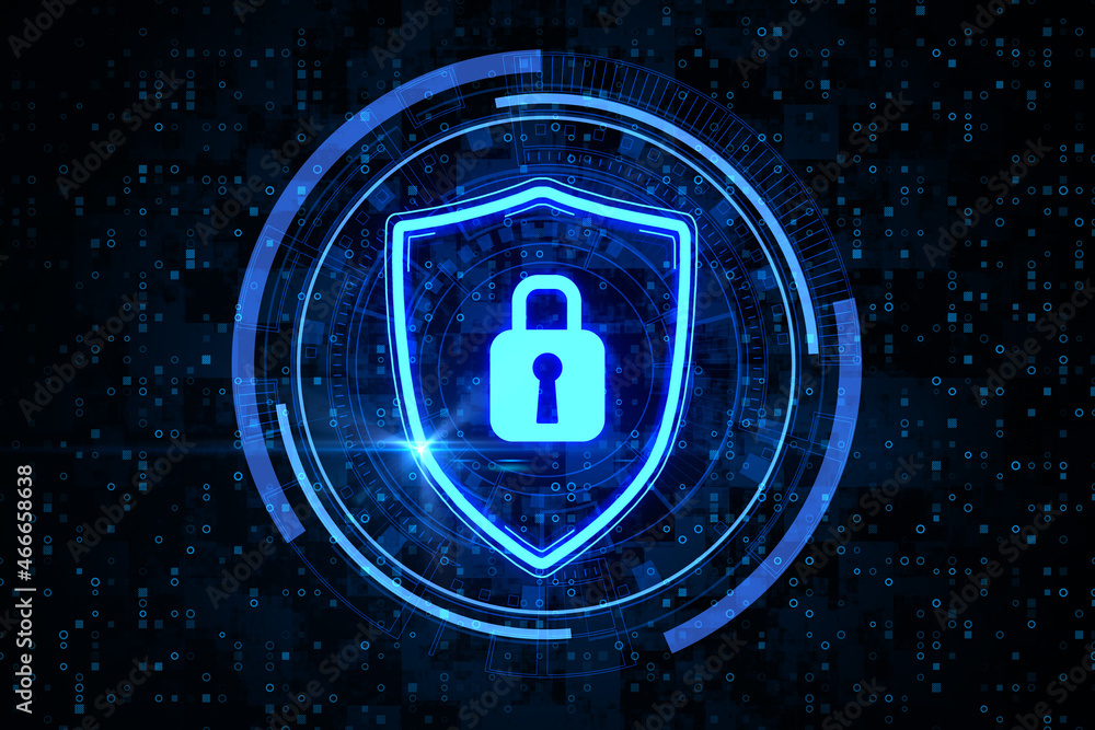 Poster Bright glowing shield with padlock icon on dark binary code background. Online protection, antivirus and security concept. 3D Rendering.