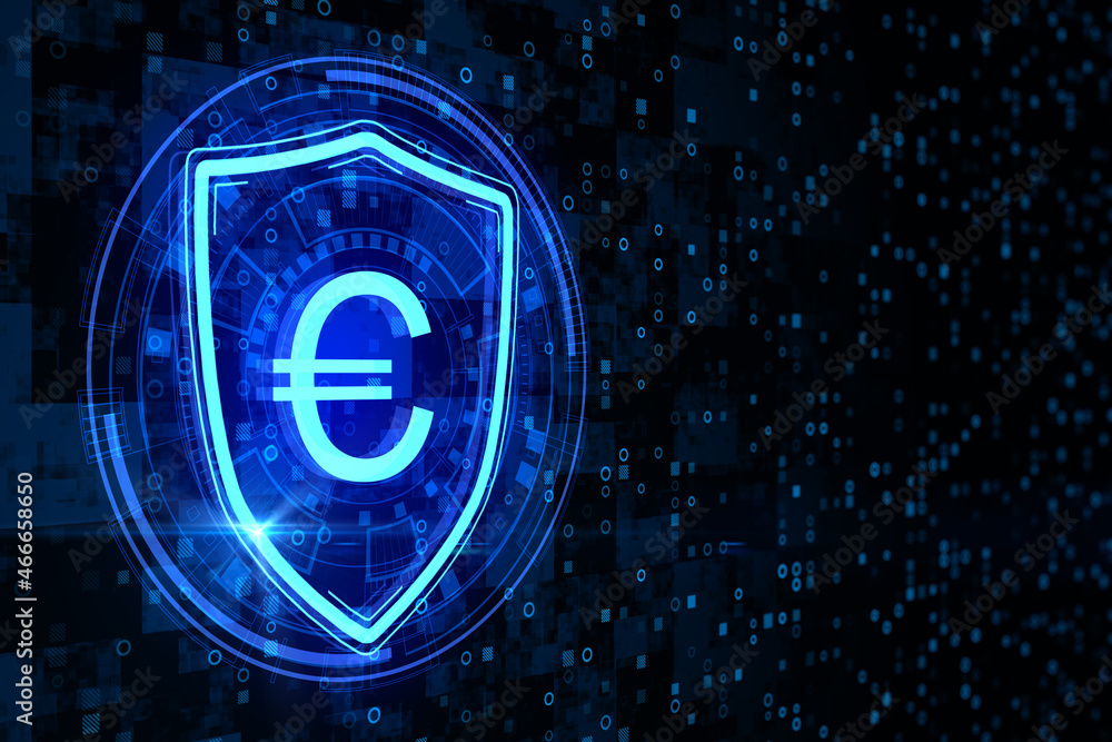 Poster Abstract glowing shield with euro sign icon on dark binary code background with mock up place. Online banking, currency and security concept. 3D Rendering.