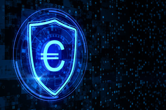 Abstract glowing shield with euro sign icon on dark binary code background with mock up place. Online banking, currency and security concept. 3D Rendering.