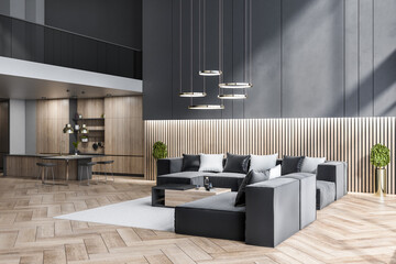 Modern kitchen and living room studio interior with wooden flooring. Design concept. 3D Rendering.