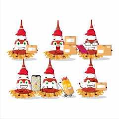 Cartoon character design of red confetti trumpet working as a courier