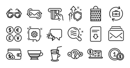 Mocha, Usd coins and Refresh mail line icons set. Secure shield and Money currency exchange. Megaphone, Cogwheel and Human resources icons. Sunglasses, Quiz test and Skin condition signs. Vector