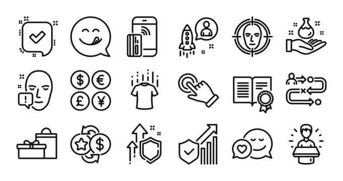 Yummy smile, Gifts and Journey path line icons set. Secure shield and Money currency exchange. Face detect, Touchscreen gesture and Loyalty points icons. Vector