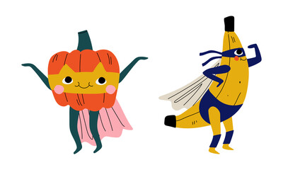 Fruit and Vegetable in Eye Mask and Superhero Cloak Vector Set