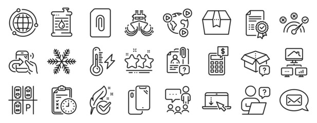 Set of Technology icons, such as Ship, Exam time, People chatting icons. Correct answer, Video conference, Messenger signs. Search employee, Oil barrel, Globe. Electricity power, Snowflake. Vector