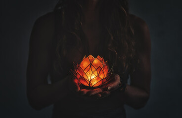 beautiful meditating woman with lotus candle in her hand.