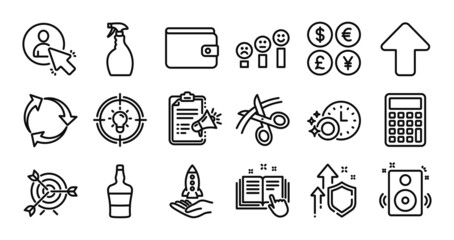 Calculator, Scissors and Customer satisfaction line icons set. Secure shield and Money currency exchange. User, Target and Money wallet icons. Megaphone checklist, Recycle and Spray signs. Vector