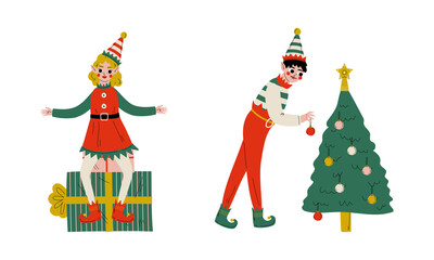 Christmas Elf with Pointy Ears and Hat as Santa Helper Sitting on Gift Box and Hanging Bauble on Fir Tree Vector Set