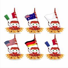 Red confetti trumpet cartoon character bring the flags of various countries