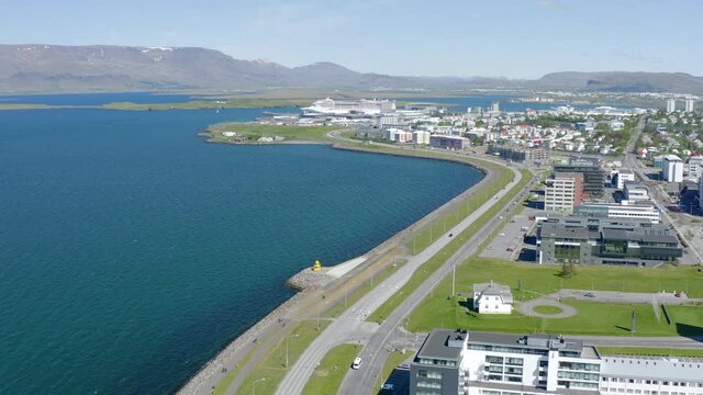 Iceland - Reykjavik - flight with drone from downtown to cruise port. Single ship docked.