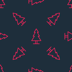 Red line Tree icon isolated seamless pattern on black background. Forest symbol. Vector