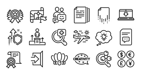 Energy, Communication and Exit line icons set. Secure shield and Money currency exchange. Winner ribbon, Comments and Destination flag icons. Creativity, Business podium and Crown signs. Vector