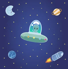 Fotobehang Set kinderillustraties over een buitenaardse reiziger in een ufo door de ruimte. © Monsalvettstock