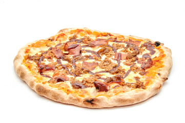 pizza with cheese and various ingredients