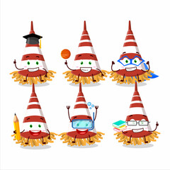 School student of red confetti trumpet cartoon character with various expressions