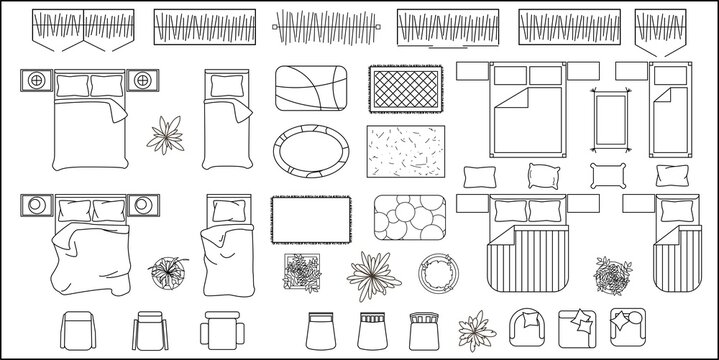 Furniture for bedroom Top view. Set of outline elements for interior design of house, apartment, flat. Architectural icons, beds, armchairs, plant, carpers. Furniture symbols. Isolated Vector 