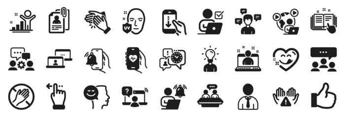 Set of People icons, such as Conversation messages, Engineering team, Uv protection icons. Time management, Interview documents, Scroll down signs. Good mood, Clean hands, Online question. Vector