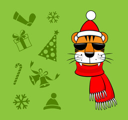 Animal symbol of the new year - cool orange tiger in sunglasses, red hat and scarf, set of green christmas elements, vector illustration