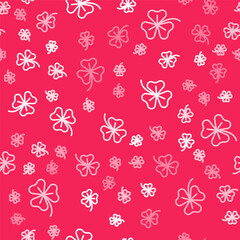 White line Clover trefoil leaf icon isolated seamless pattern on red background. Happy Saint Patricks day. National Irish holiday. Vector