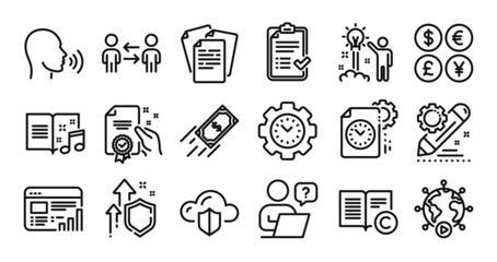 Online question, Certificate and Project edit line icons set. Secure shield and Money currency exchange. Project deadline, Teamwork business and Human sing icons. Vector