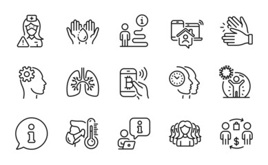 People icons set. Included icon as Work home, Women group, Sick man signs. Time management, Buying process, Wash hands symbols. Clapping hands, Coronavirus protection, Engineering. Nurse. Vector