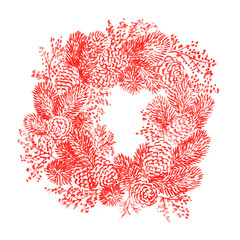 Monochrome watercolor christmas wreath illustration on white background