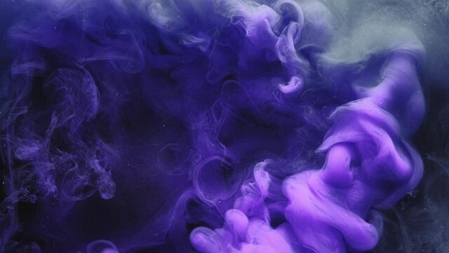 Ink water flow. Storm cloud. Logo reveal layer. Mystic air. Blue purple glitter dust particles steam motion for title on dark abstract art background.