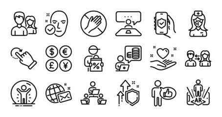 Teamwork, Dont touch and Rotation gesture line icons set. Secure shield and Money currency exchange. Augmented reality, Delivery discount and People communication icons. Vector