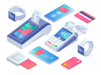 Vector Cashless Payment machine isometric concept. 3d Contactless payment via smartphone, smart watch, credit card, smart terminal with online cash desk. Success Mobile transaction NFC payments - obrazy, fototapety, plakaty