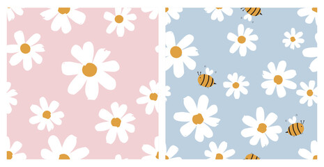 Seamless patterns with daisies and bee cartoons on pink  and blue backgrounds vector.
