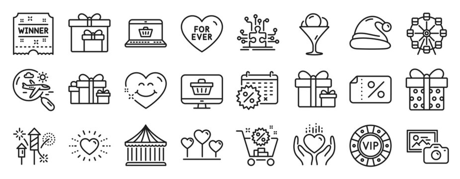 Set of Holidays icons, such as Surprise package, Gift box, Ferris wheel icons. Winner ticket, Love heart, Search flight signs. Calendar discounts, Smile face, Discount banner. Ice cream. Vector