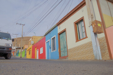 Beautiful historic urban decay graffiti building facades in Arica, Chile Old Town Downtown area...