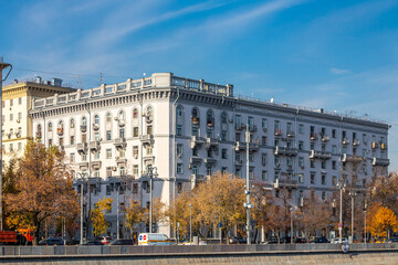 The faсade is a classic  stone building with  stucco  column. Soviet architecture
