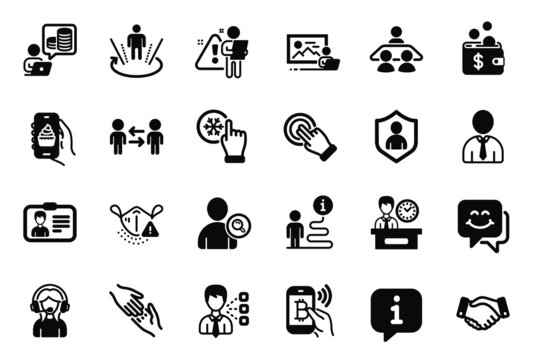 Vector Set of People icons related to Touchscreen gesture, Employees handshake and Security icons. Smile face, Freezing click and Helping hand signs. Teamwork business, Third party and Human. Vector