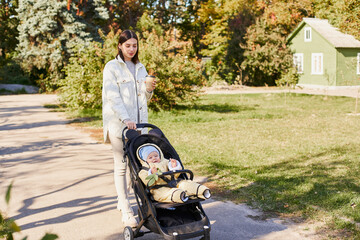 Fototapeta na wymiar Cute young mother walks in the autumn park with her son in a stroller