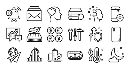 Bus tour, Thermometer and Friend line icons set. Secure shield and Money currency exchange. Spanner tool, Notification bell and Accounting icons. Vector