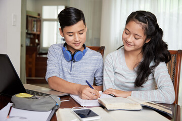 Smart smiling teenage boy helping sister with doing homework for English class