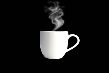 White realistic coffee mug with smoke isolated on black background. White coffee cup and smoke vapor. 3d rendering.