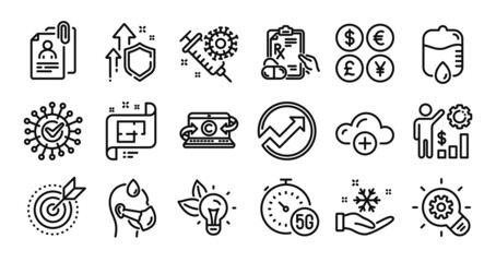 Coronavirus, 5g internet and Cogwheel line icons set. Secure shield and Money currency exchange. Audit, Interview documents and Prescription drugs icons. Vector