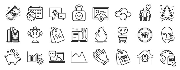 Set of Business icons, such as Clapping hands, Start presentation, Calendar discounts icons. Pet shelter, Friendship, Discount tags signs. Vip shopping, Payment, Fire energy. Problem skin. Vector